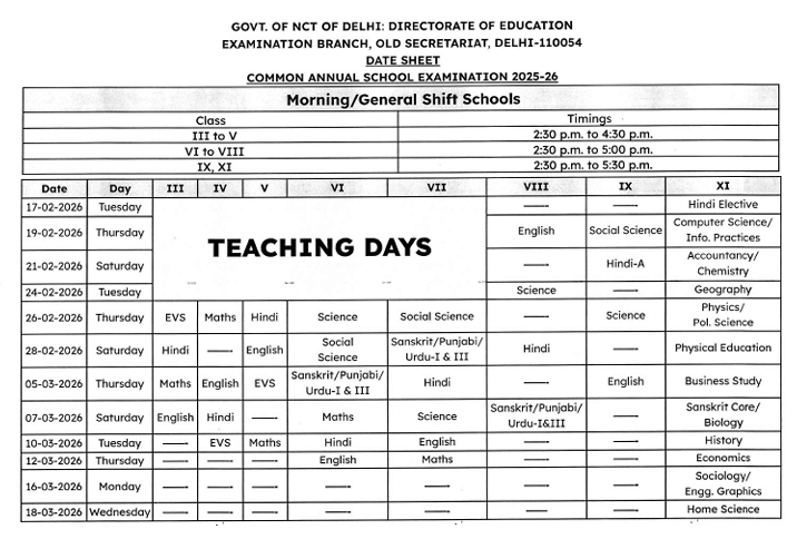 Date Sheet For Evening Shift Schools